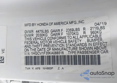 2019 Honda Accord Sport from USA, damaged, VIN 1HGCV1F35KA088516